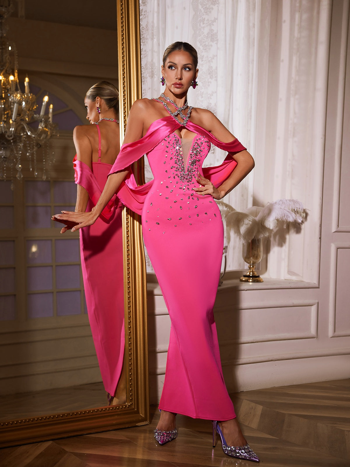 Uaelyth Halterneck Rhinestone Bandage Maxi Dress In Pink