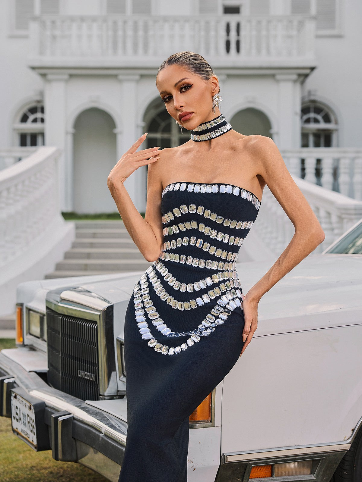 Vaelith Strapless Crystal Bandage Maxi Dress With Choker