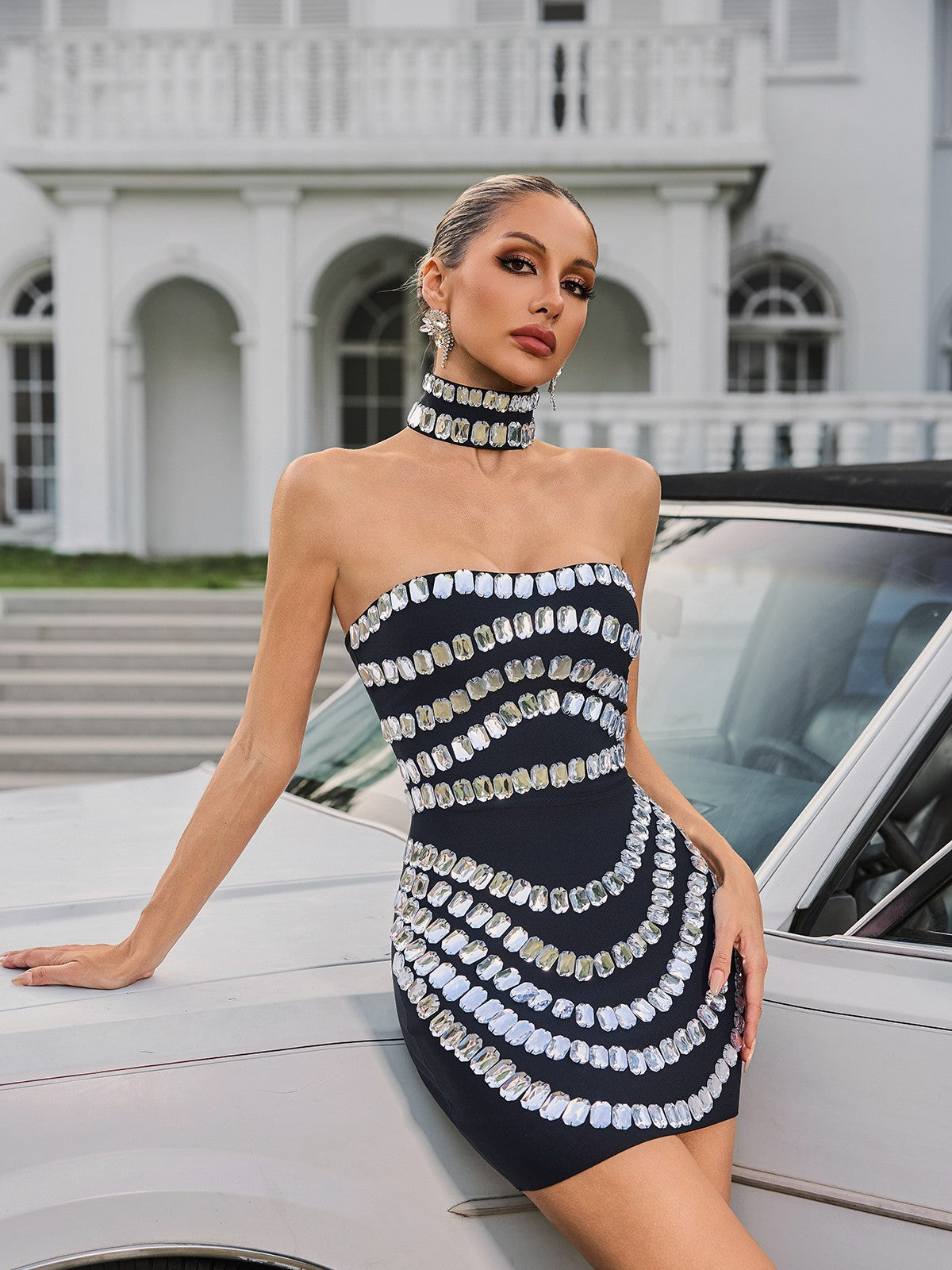 Vaelith Strapless Crystal Bandage Mini Dress With Choker