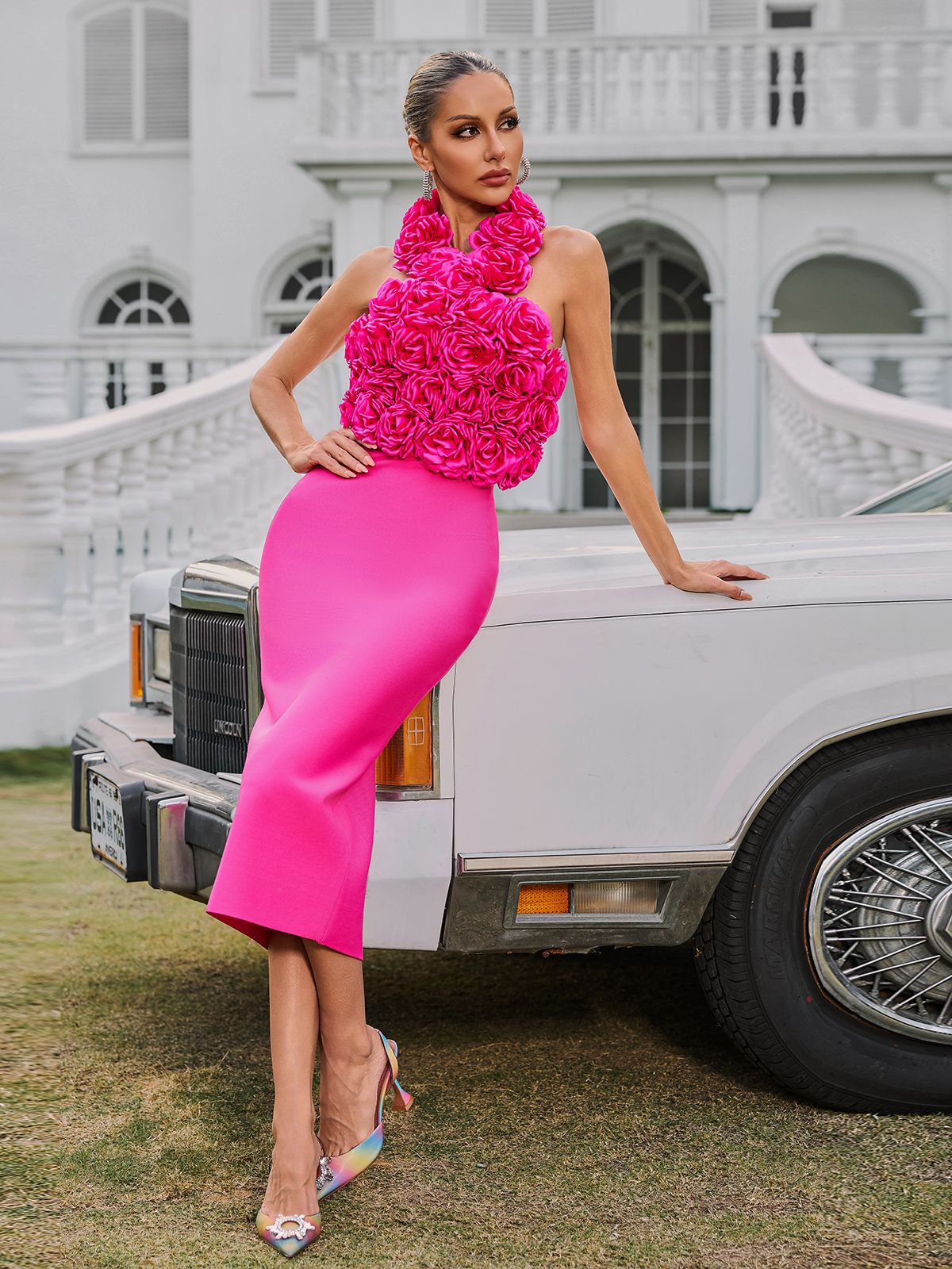 Wryssa Halterneck Flower Bandage Midi Dress In Hot Pink