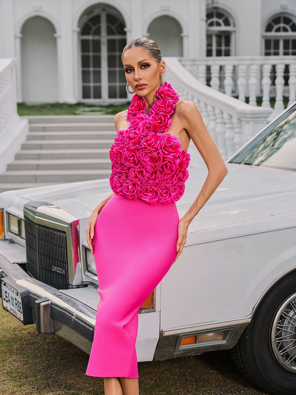 Wryssa Halterneck Flower Bandage Midi Dress In Hot Pink