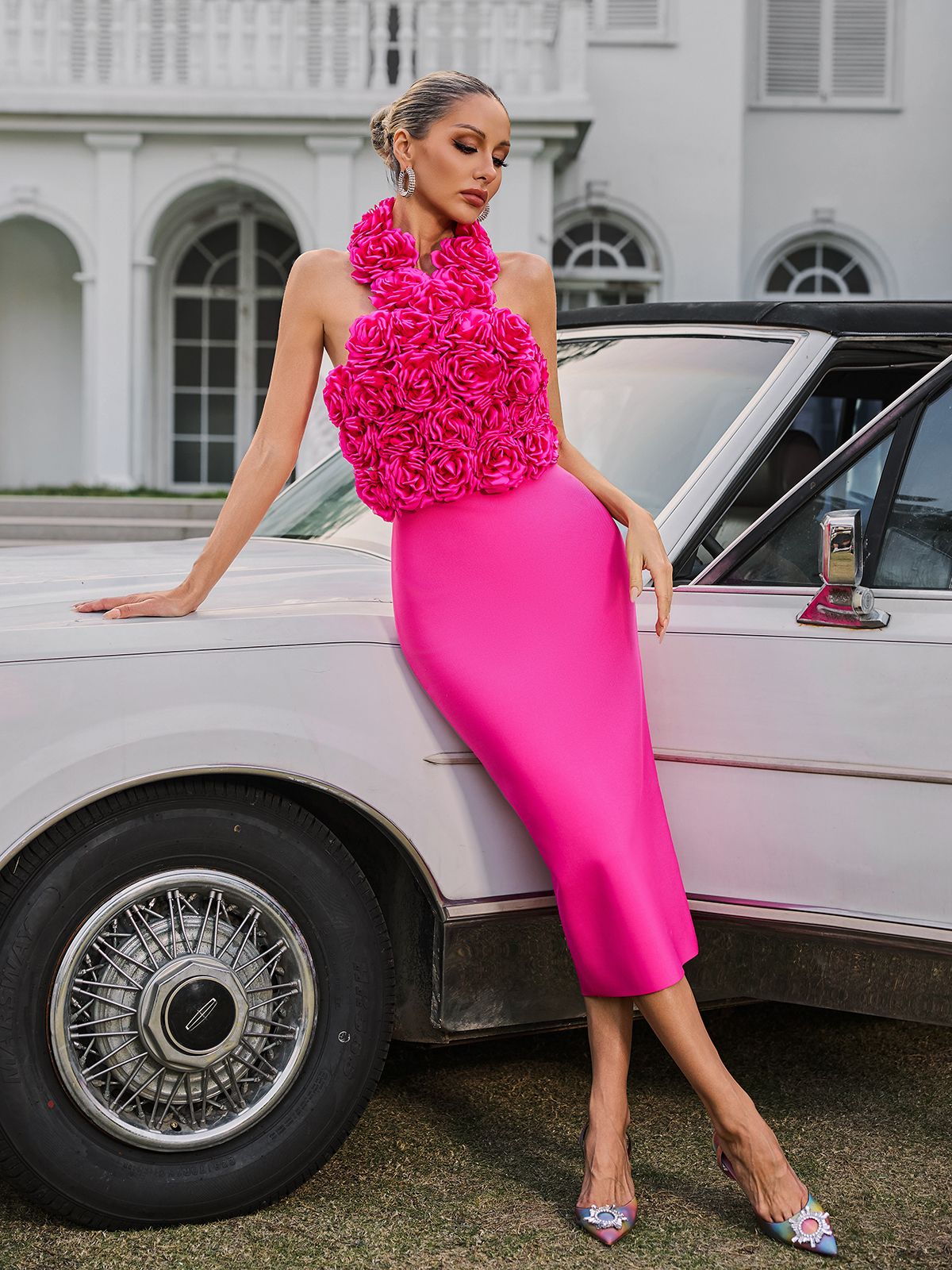 Wryssa Halterneck Flower Bandage Midi Dress In Hot Pink