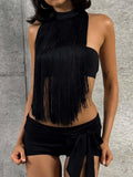 Zephyrine Fringe Asymmetrical Halter Top Black