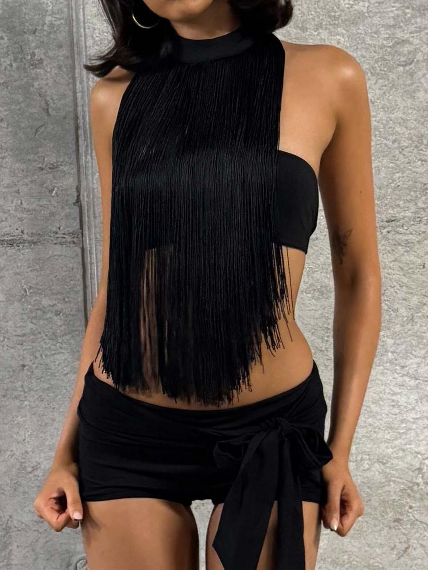 Zephyrine Fringe Asymmetrical Halter Top Black