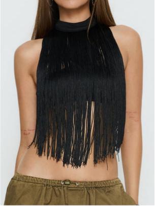 Zephyrine Fringe Asymmetrical Halter Top Black