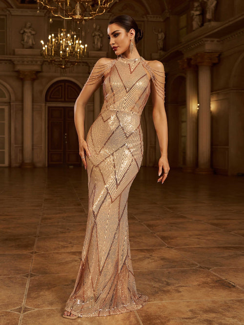 Cold Shoulder Beads Chain Cocktail Dress