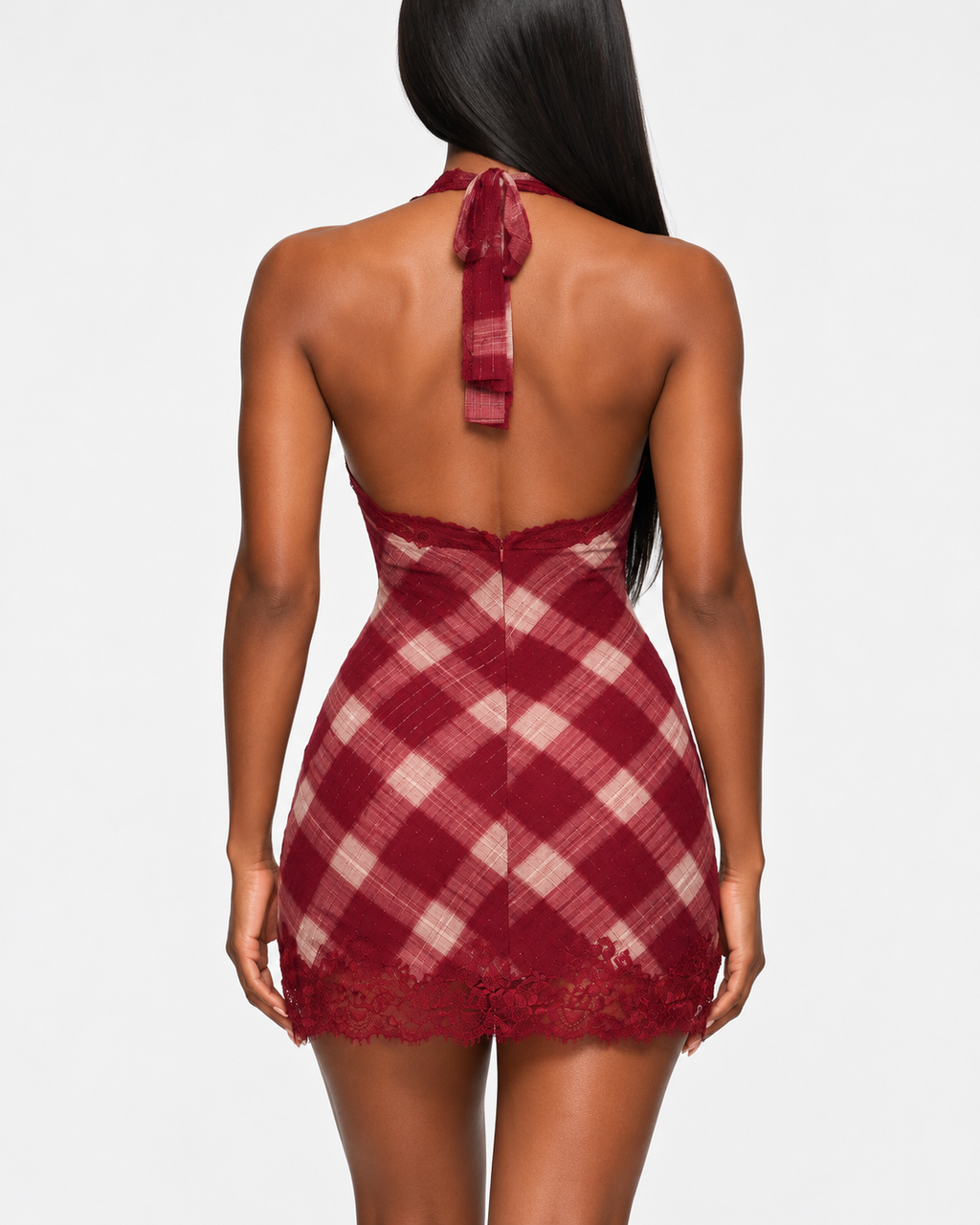 Country Crush Plaid Lace Halter Mini Dress
