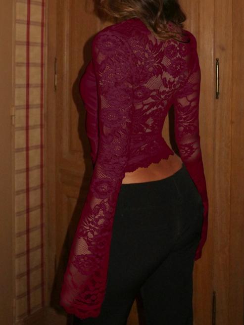 Sexy Lace-Insert Long-Sleeve Top