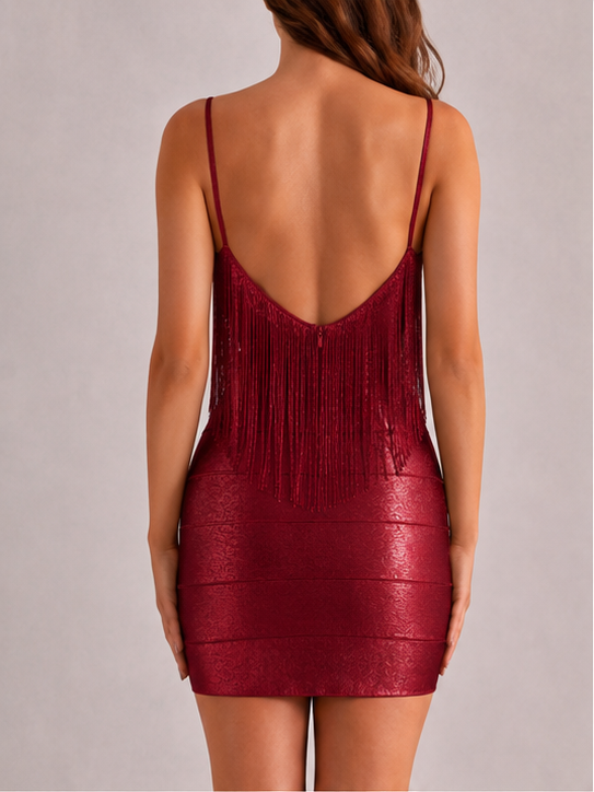 Night-Out Alluring V-Neck Bandage Fringe Mini Dress