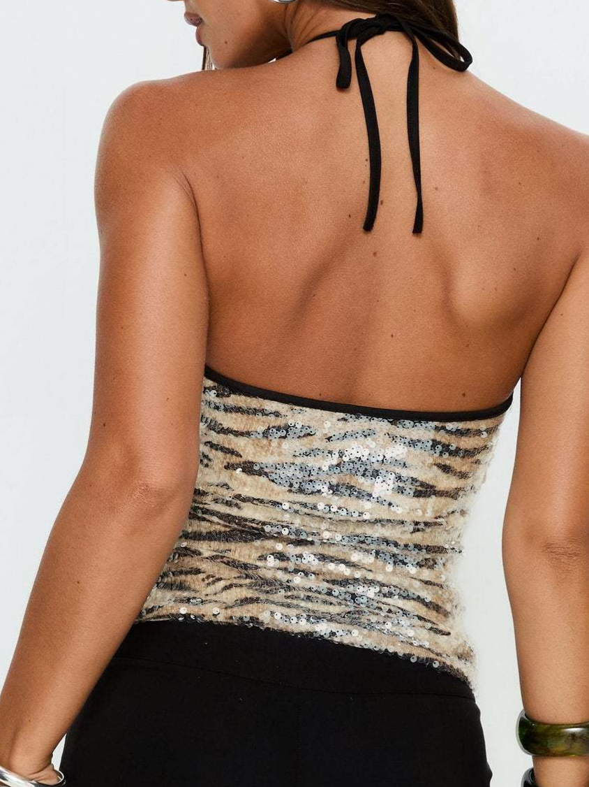 Lace-Up Sequin Ready-to-Ship Printed Top