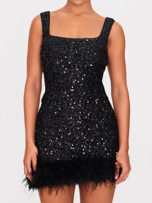 Black Sequin Scoop Neck Feather Hem Shift Dress