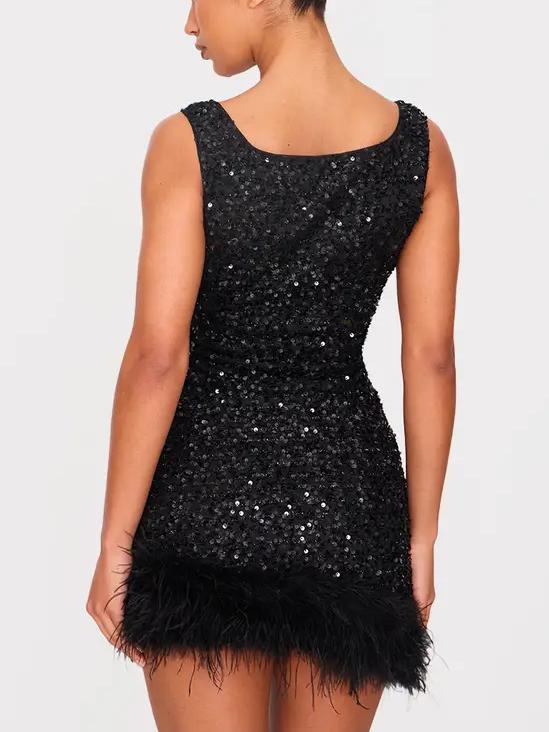 Black Sequin Scoop Neck Feather Hem Shift Dress