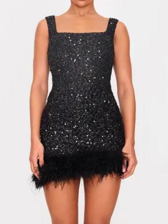 Black Sequin Scoop Neck Feather Hem Shift Dress