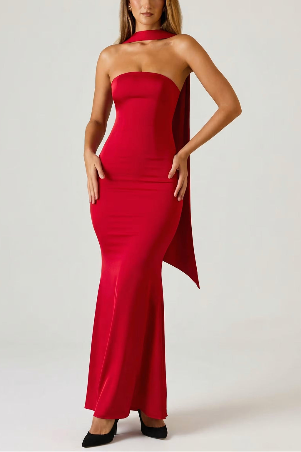 Scarf-Detail Strapless Gown