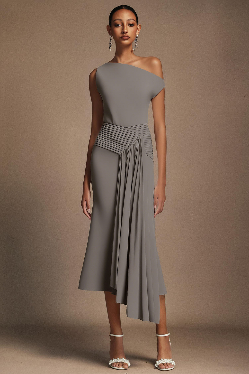 Paulina Oblique Shoulder Sleeveless Folds Gray Midi Dress
