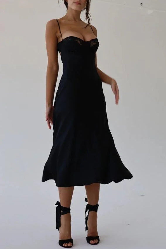 Edde Black Satin Midi Dress