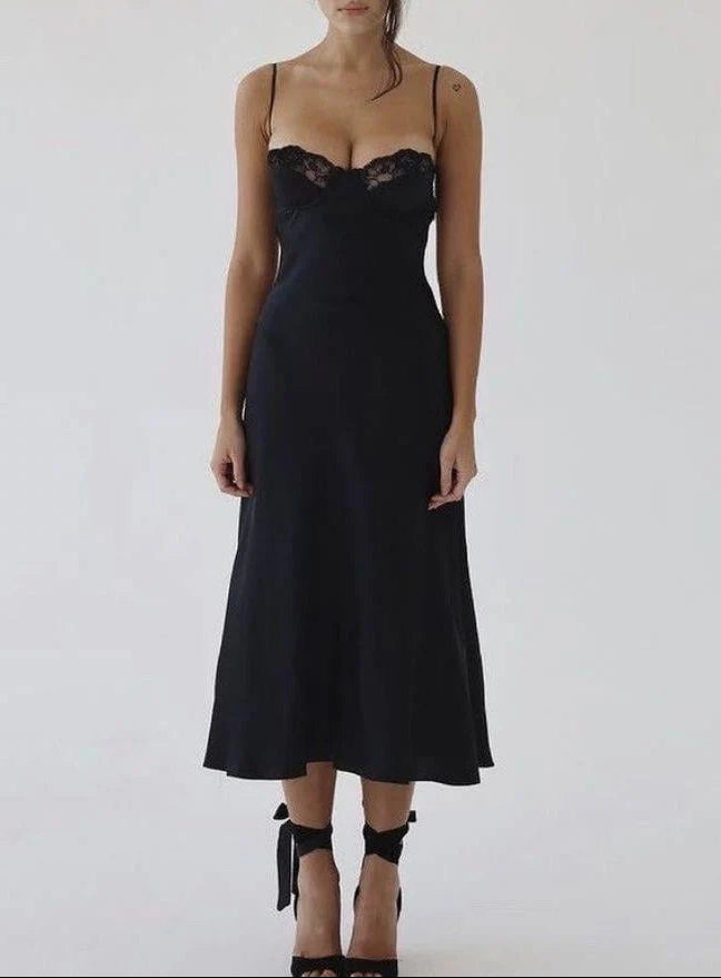 Edde Black Satin Midi Dress