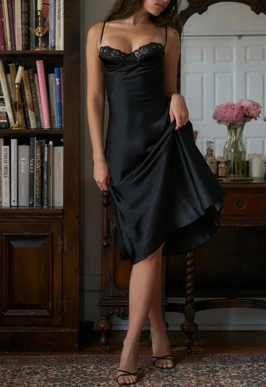 Edde Black Satin Midi Dress