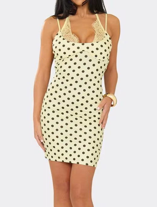 Strappy Lace Trim Detail Mini Dress In Yellow Polka Dot