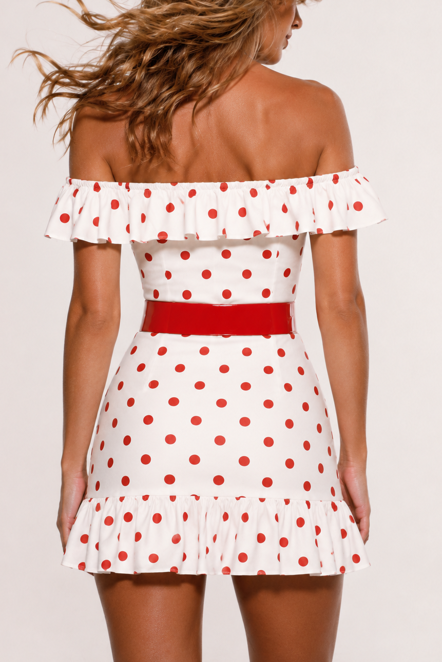 Polka Muse Ruffle Belted Mini Dress