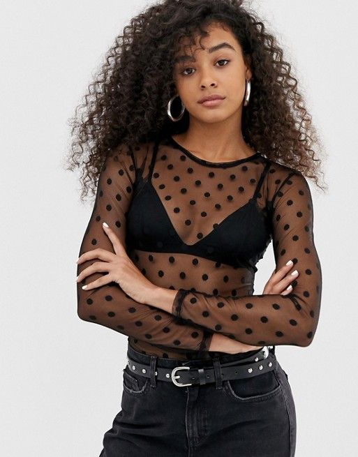 Mysterious Night Polka Dot Mesh See-Through Top