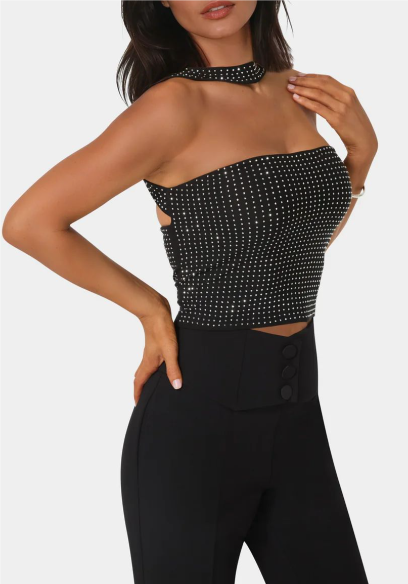 Rhinestone Mesh Halter Top