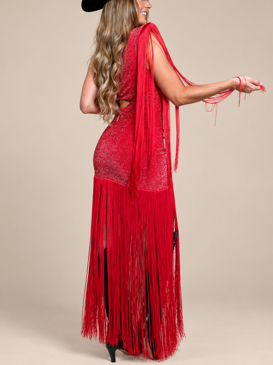 After Hours Fringe One-Shoulder Maxi Dress