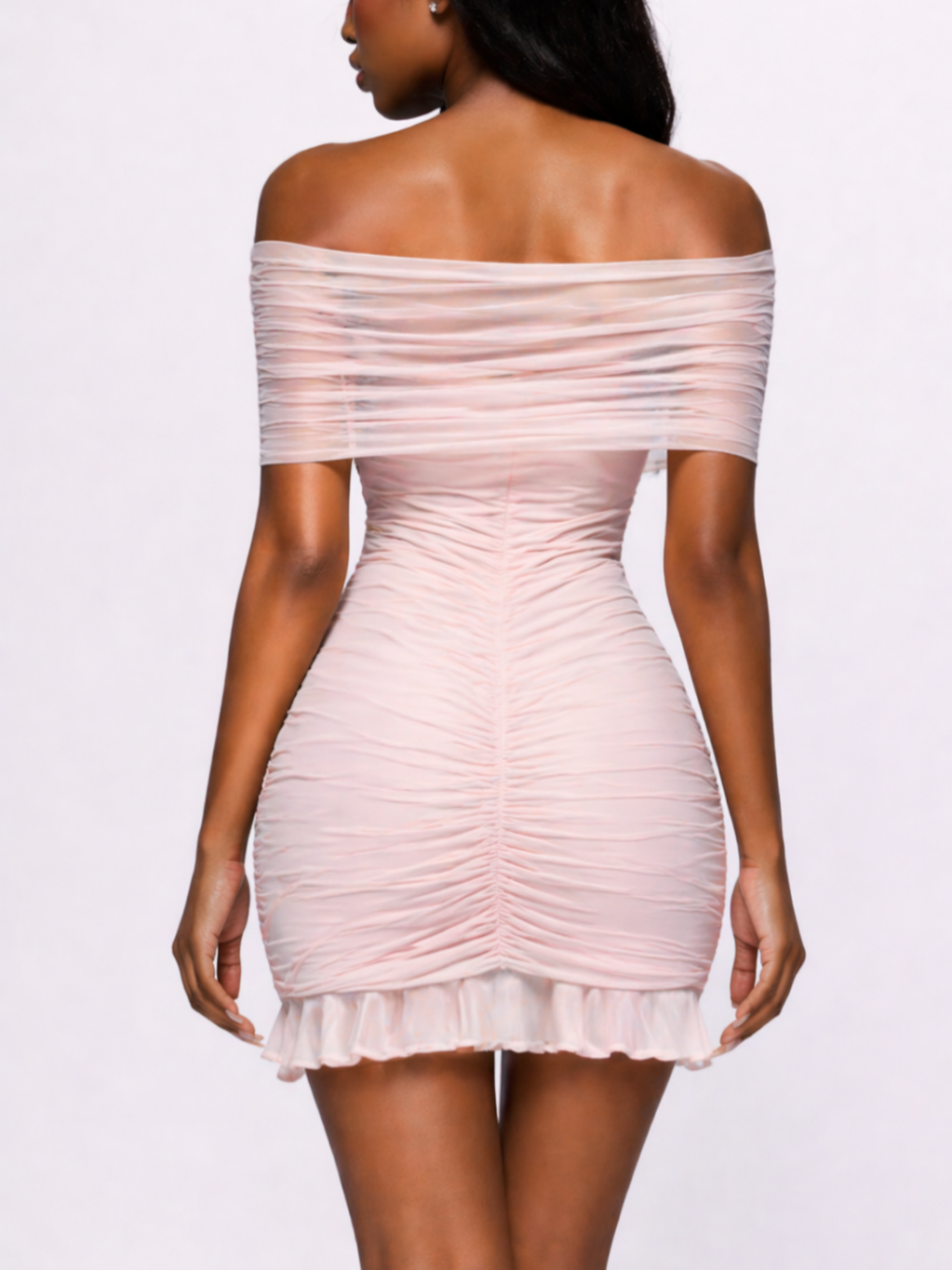Slinky And Mesh Off Shoulder Mini Dress - Pale Pink