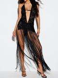 Lace Plunge Halter Neck Maxi Dress