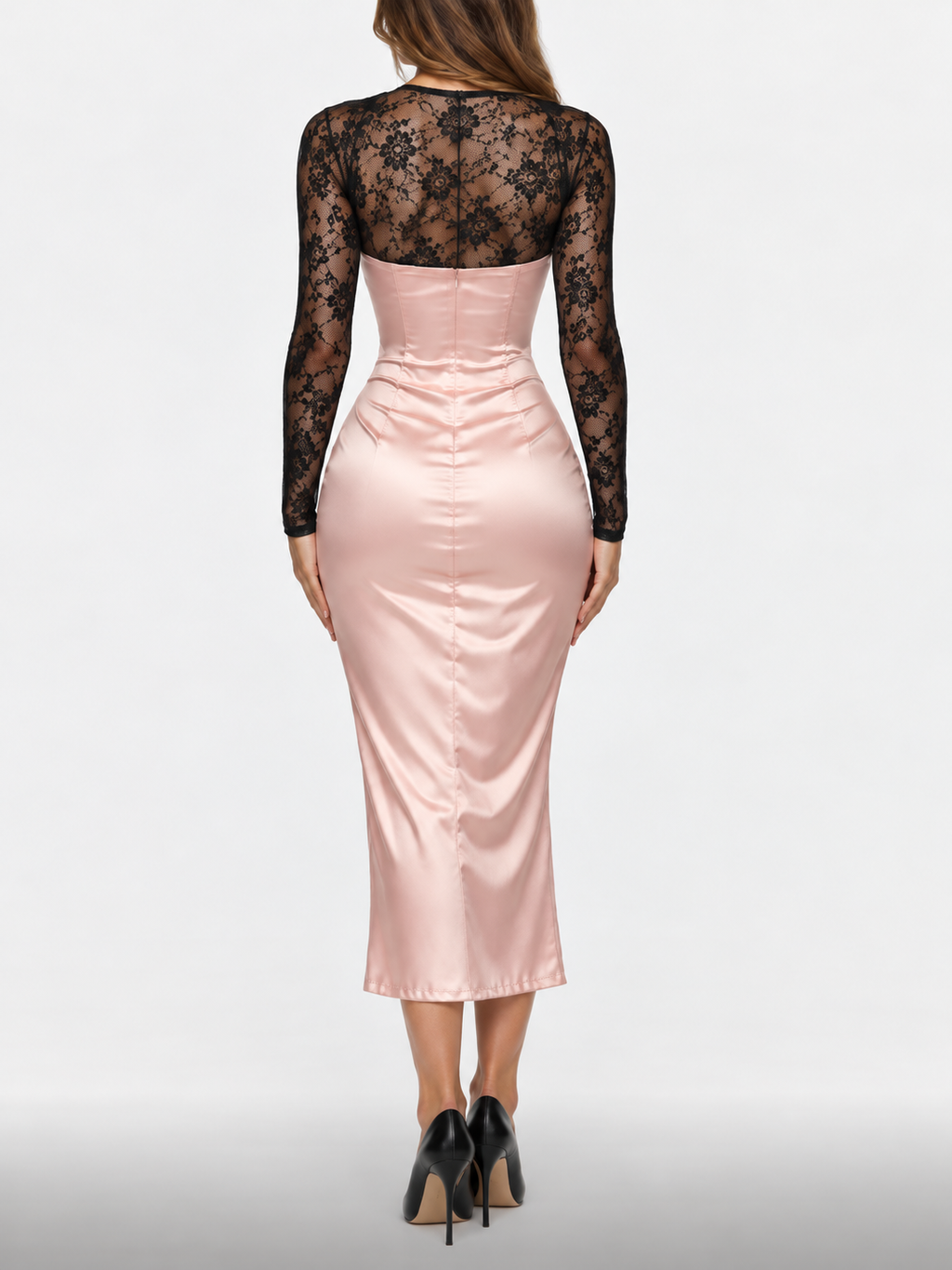 Celeste Lace Sleeve Satin Midi Dress