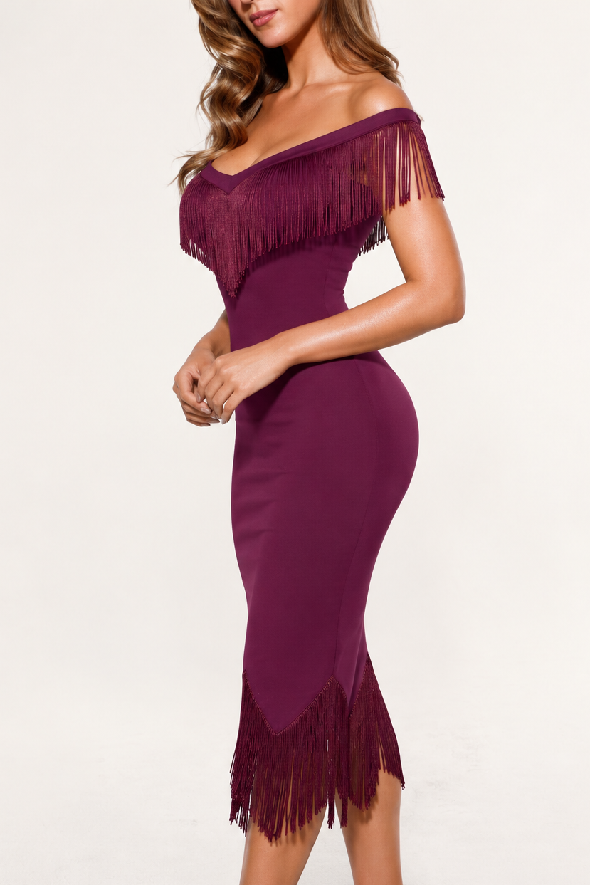 Purple Cabaret Kiss Fringe Midi Dress