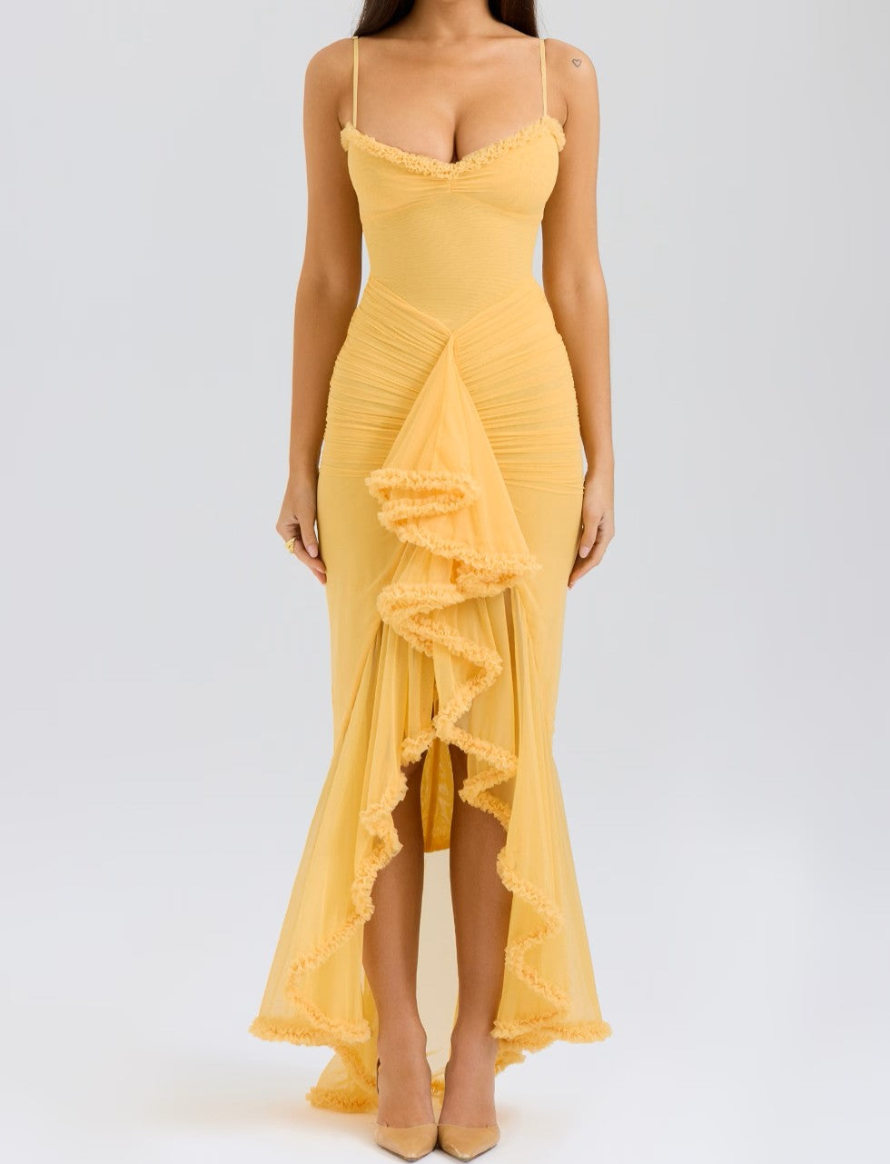 Mesh Allure Ruffled Front Gown