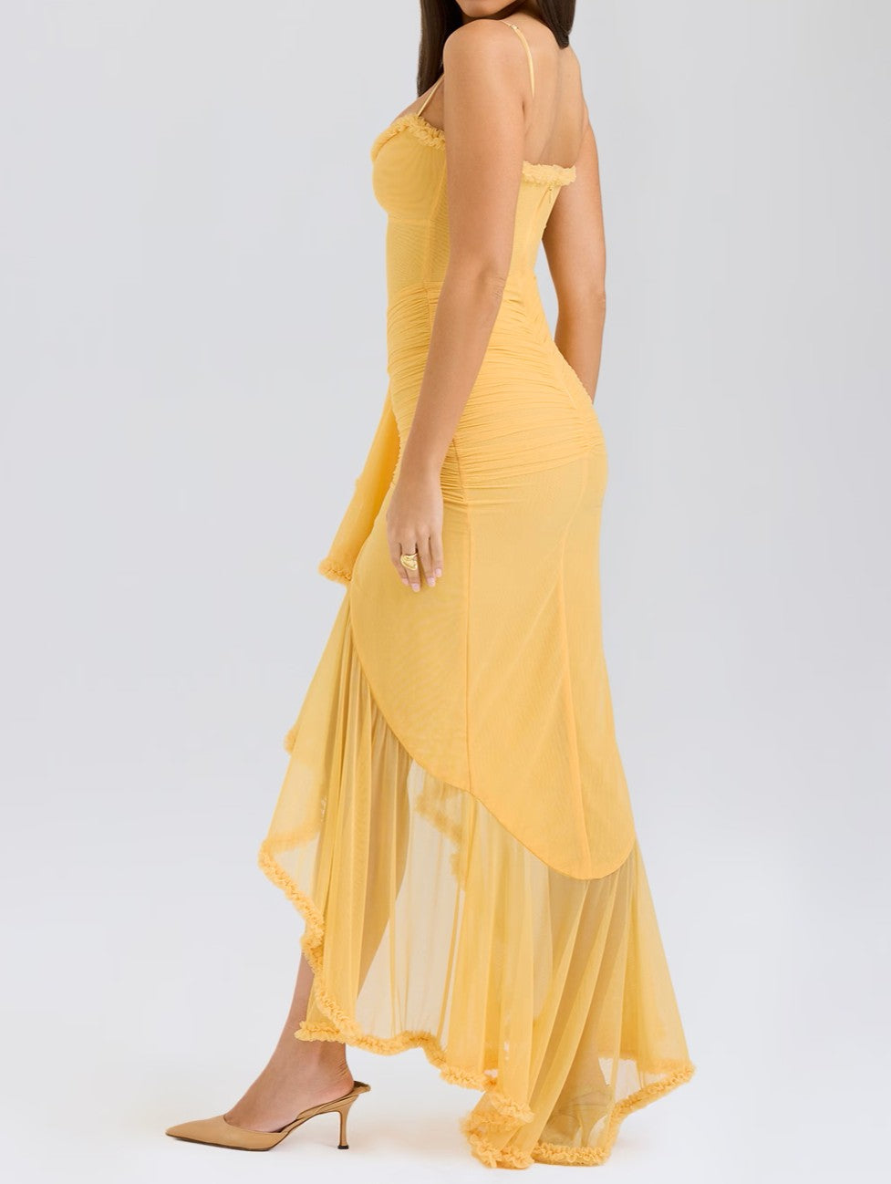 Mesh Allure Ruffled Front Gown
