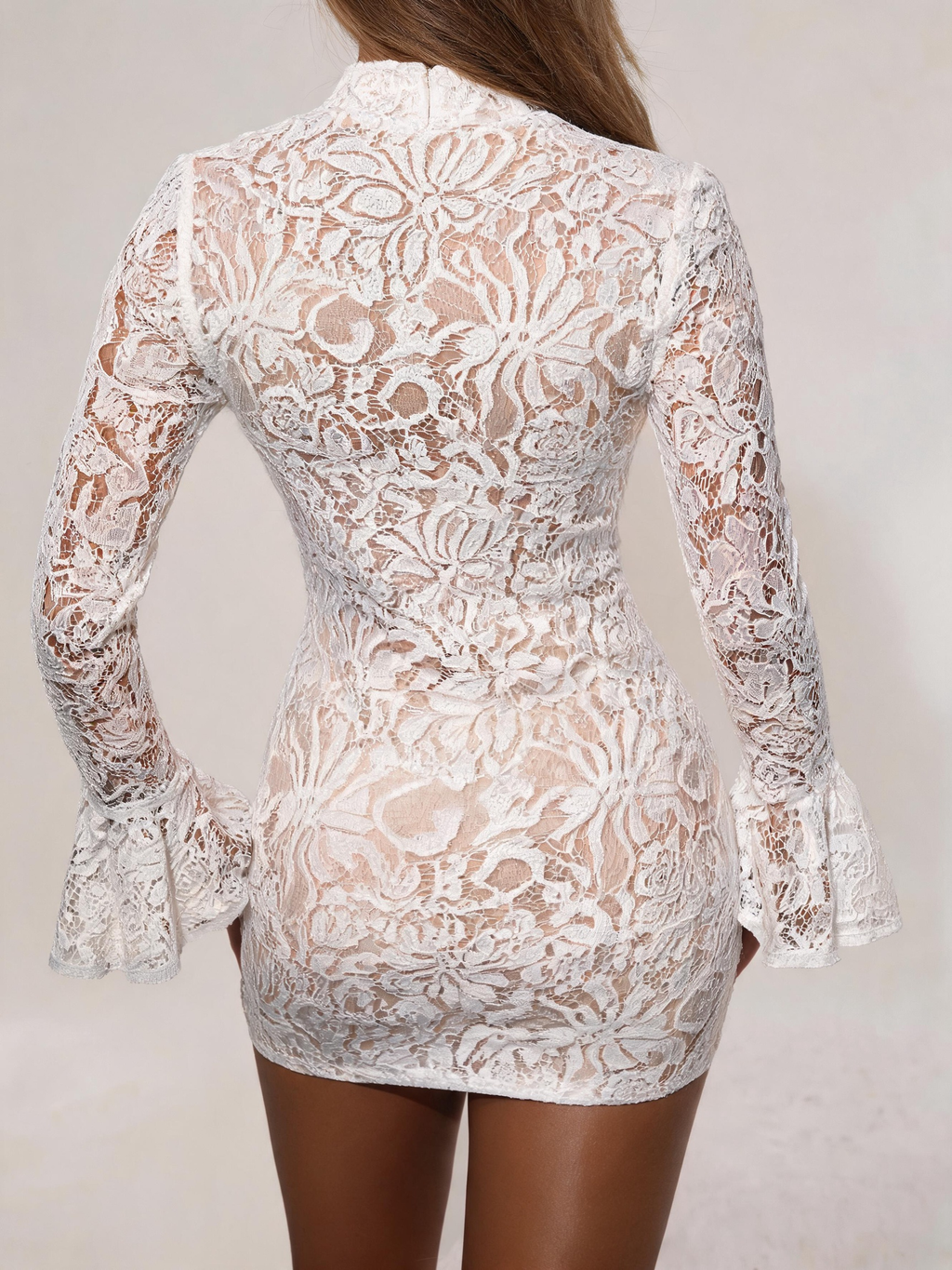 Women Mini Dress Lace Bodycon High Neck Flared Sleeve