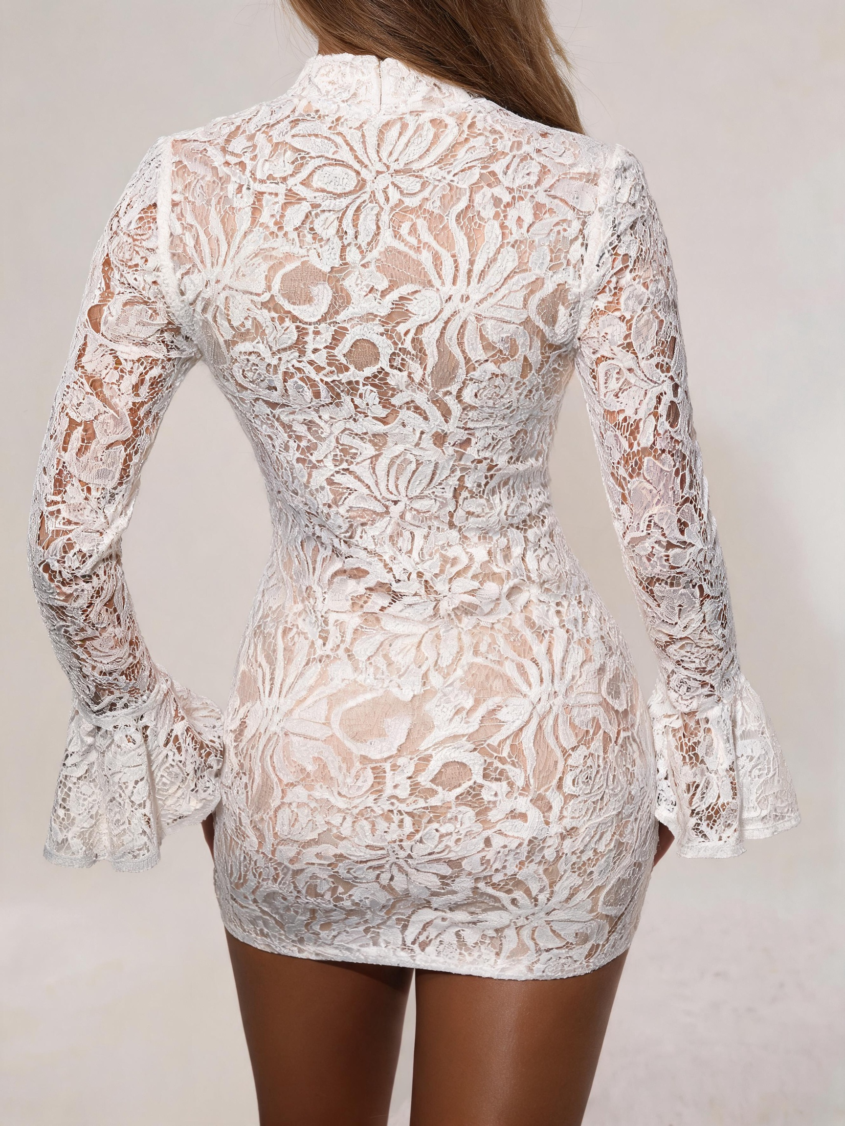 Women Mini Dress Lace Bodycon High Neck Flared Sleeve