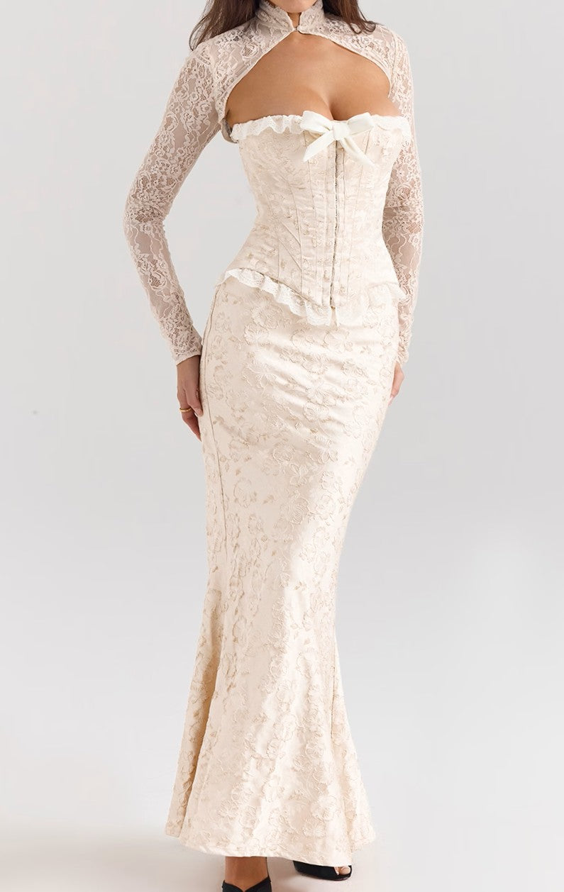 Ivory Metallic Jacquard Corset & Bolero & Maxi Skirt