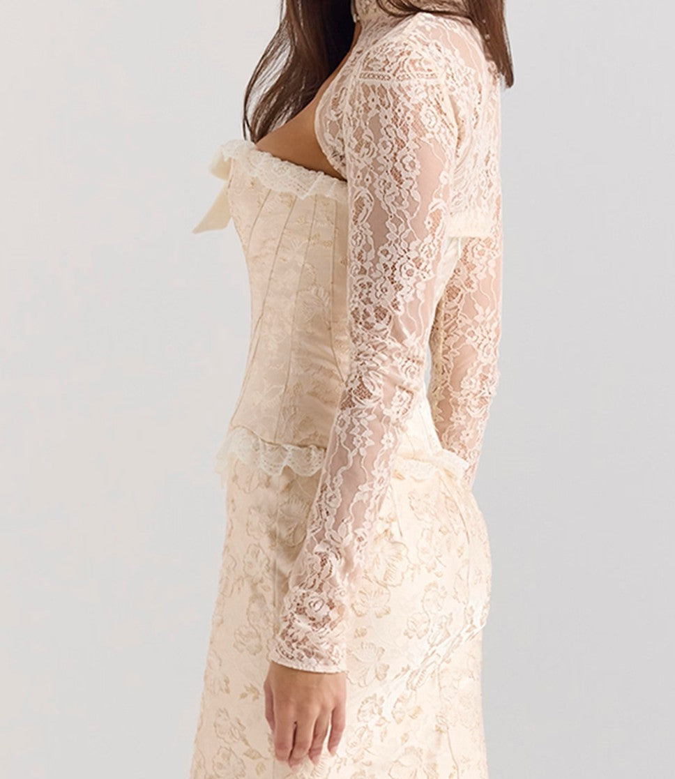Ivory Metallic Jacquard Corset & Bolero & Maxi Skirt