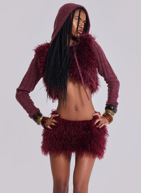 Street Fashion Vibrant Burgundy Fuzzy Two Piece Outfit