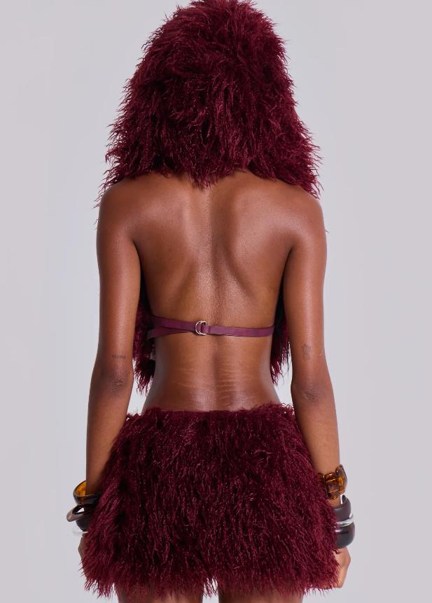 Street Fashion Vibrant Burgundy Fuzzy Two Piece Outfit