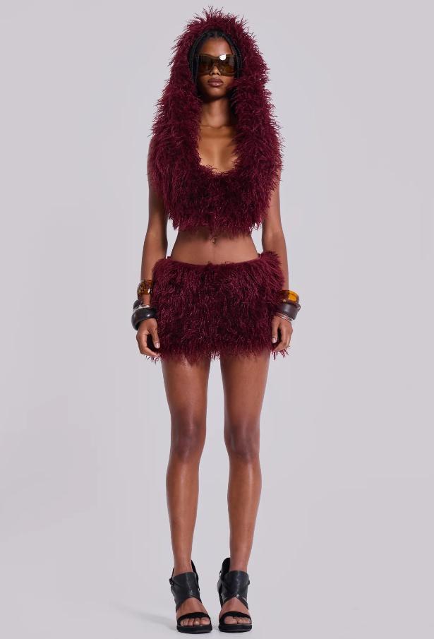 Street Fashion Vibrant Burgundy Fuzzy Two Piece Outfit