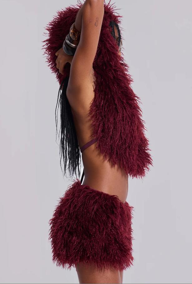 Street Fashion Vibrant Burgundy Fuzzy Two Piece Outfit