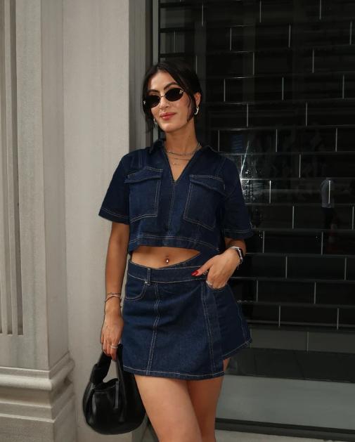 Street Style Short-Sleeved Denim Skirt Two Piece Set