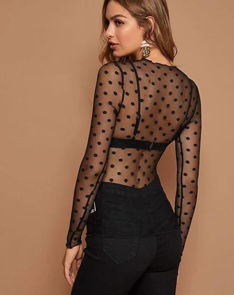 Mysterious Night Polka Dot Mesh See-Through Top