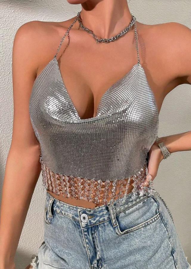 Shimmering Gala Luminous Metallic Halter Top