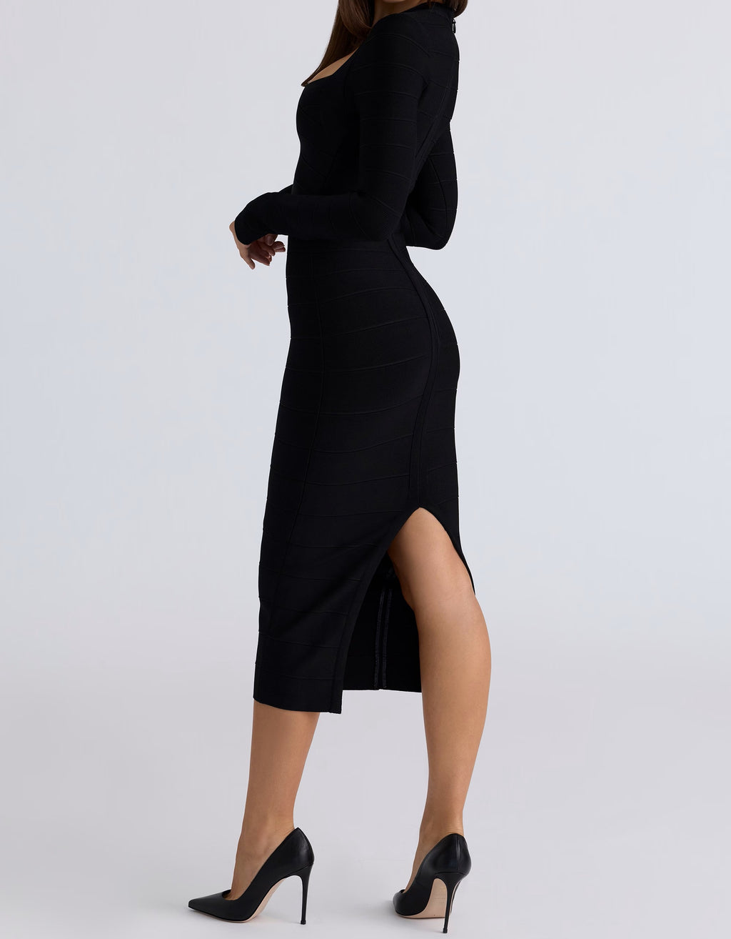 Black Long Sleeve Bandage Midi Dress