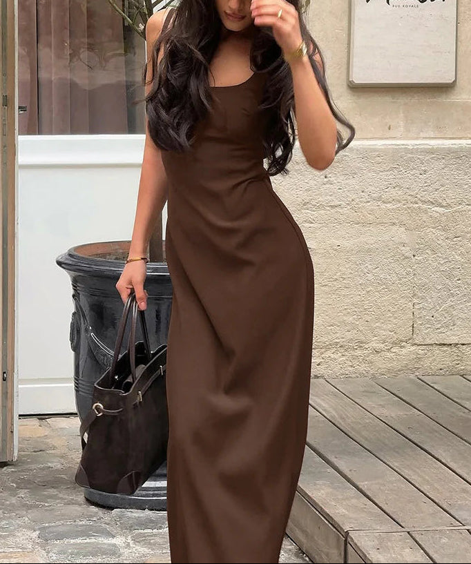 Stylish Chocolate Brown Backless Maxi Dress