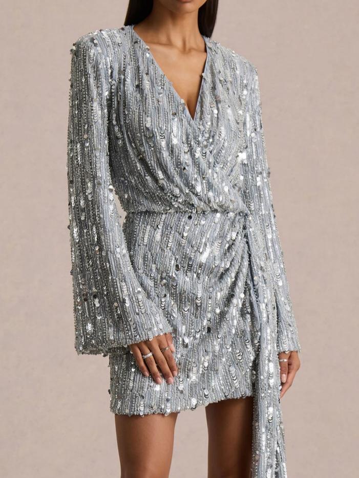Sequin Plunge-Neck Wrap Mini Dress With Sash Detail