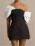 Black And White Satin Bandeau-Neck Mini Dress With Bow Sleeves