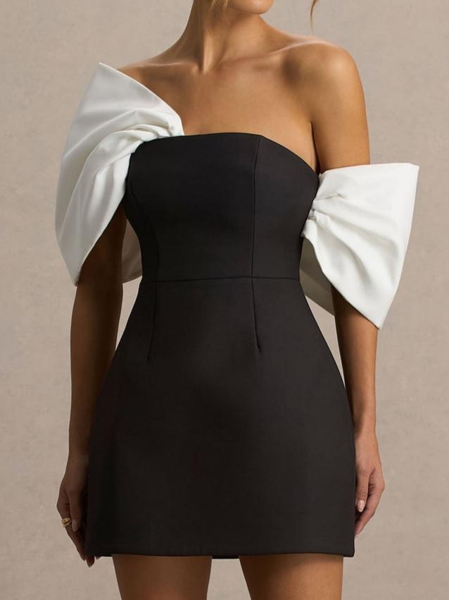 Black And White Satin Bandeau-Neck Mini Dress With Bow Sleeves