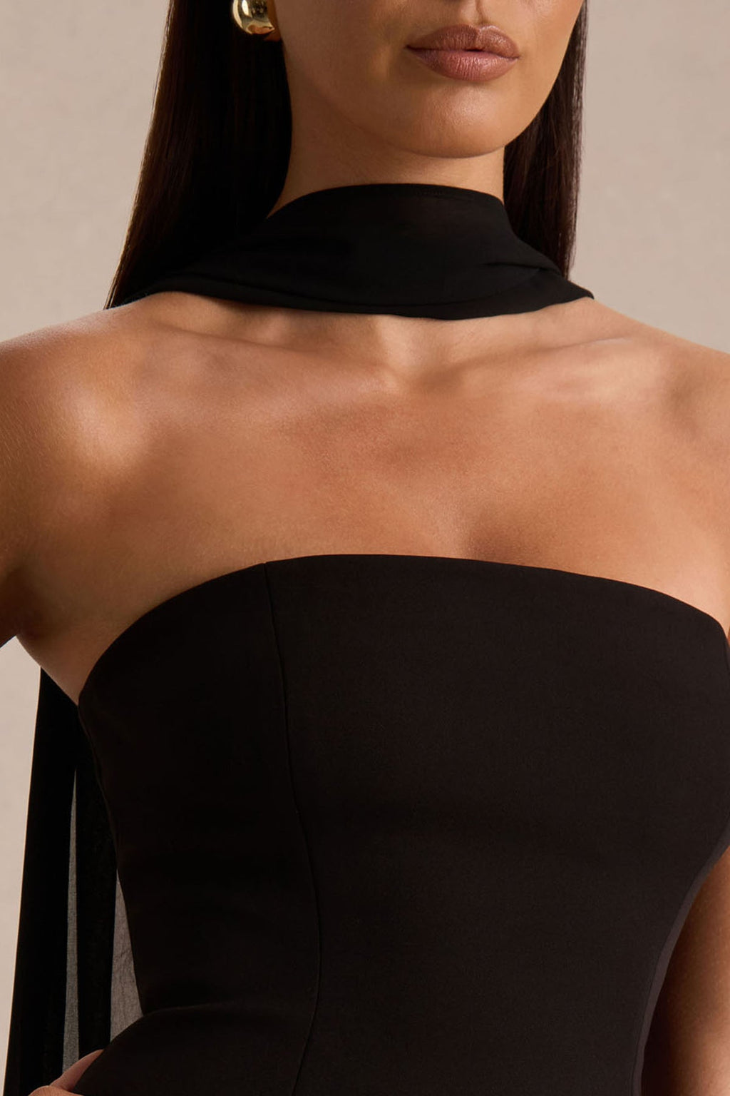 Black Bandeau-Neck Mini Dress With Scarf Detail